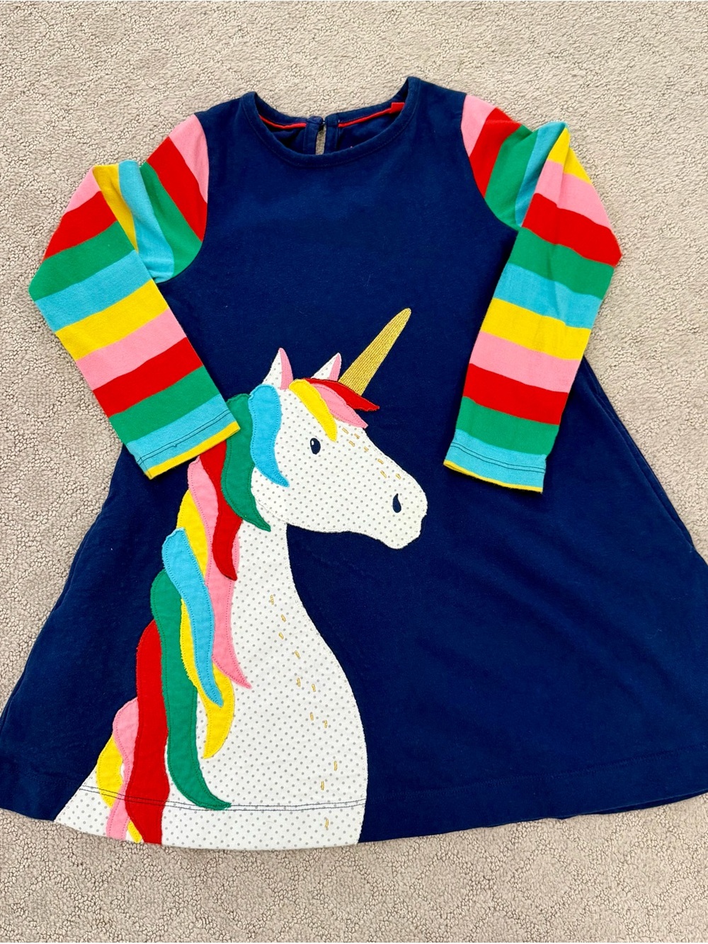 Mini Boden Girls Navy Unicorn Dress with Rainbow Stripe Long Sleeves size 4-5